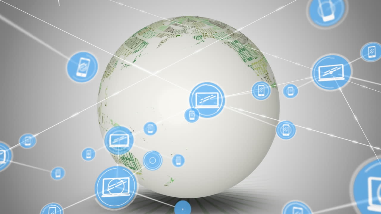 animación de iconos de portátiles y teléfonos conectados, globo con texto giratorio sobre fondo blanco