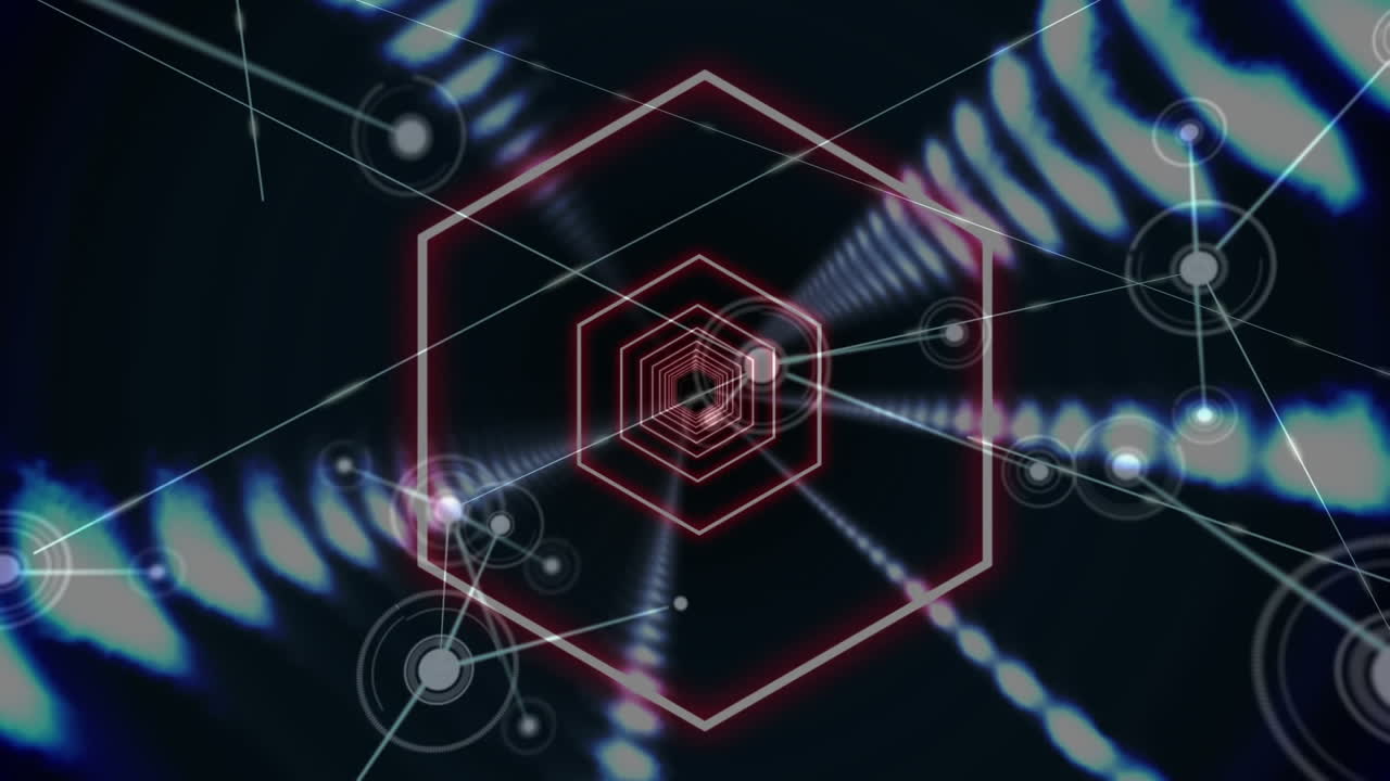 animación de hexágonos de neón con filas de luces brillantes y red de conexiones