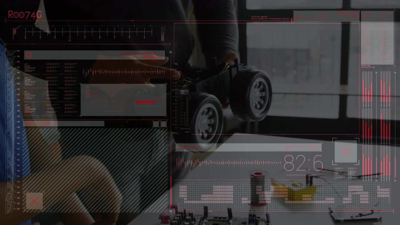 Animation of data processing over caucasian workers repairing vehicle
