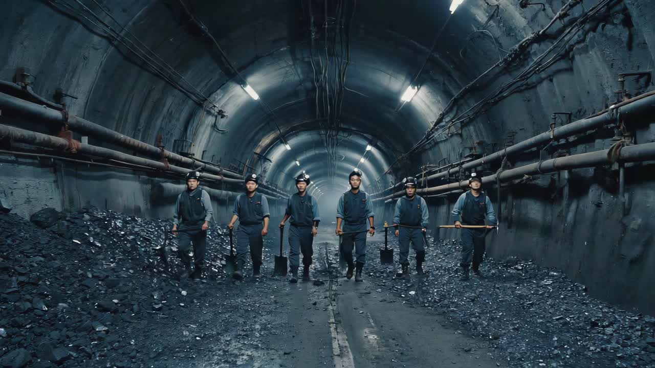 Coal Miners Walking Through Tunnel