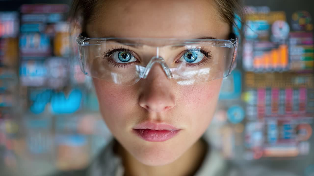 Focused Scientist in High-Tech Lab: A Close-Up of a Young Researcher Wearing Protective Glasses, Engaged in Data Analysis Surrounded by Digital Displays and Information