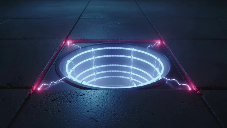 Emitting magenta nodes sending purple arcs toward rim, circular portal powering up in tiled floor