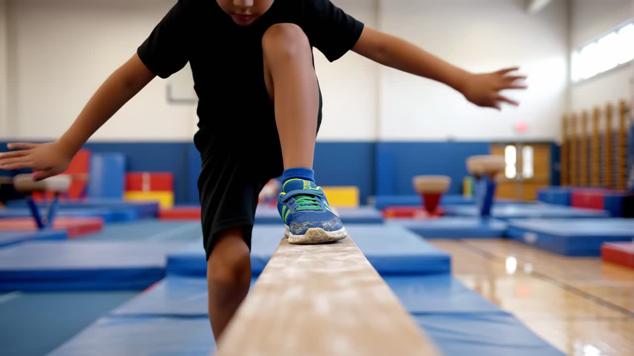 Child Practicing Gymnastics on Balance Beam