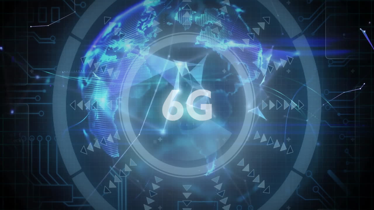 Animation of 6G technology with digital globe and futuristic data visualization