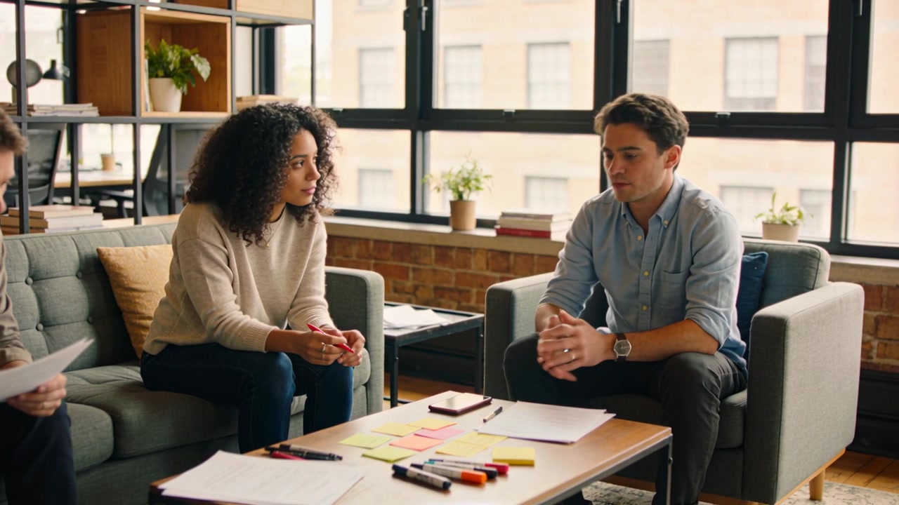 Møde starter, kvinde i sweater rækker ud efter sticky notes, mand i blå skjorte arrangerer noter og beslutter.