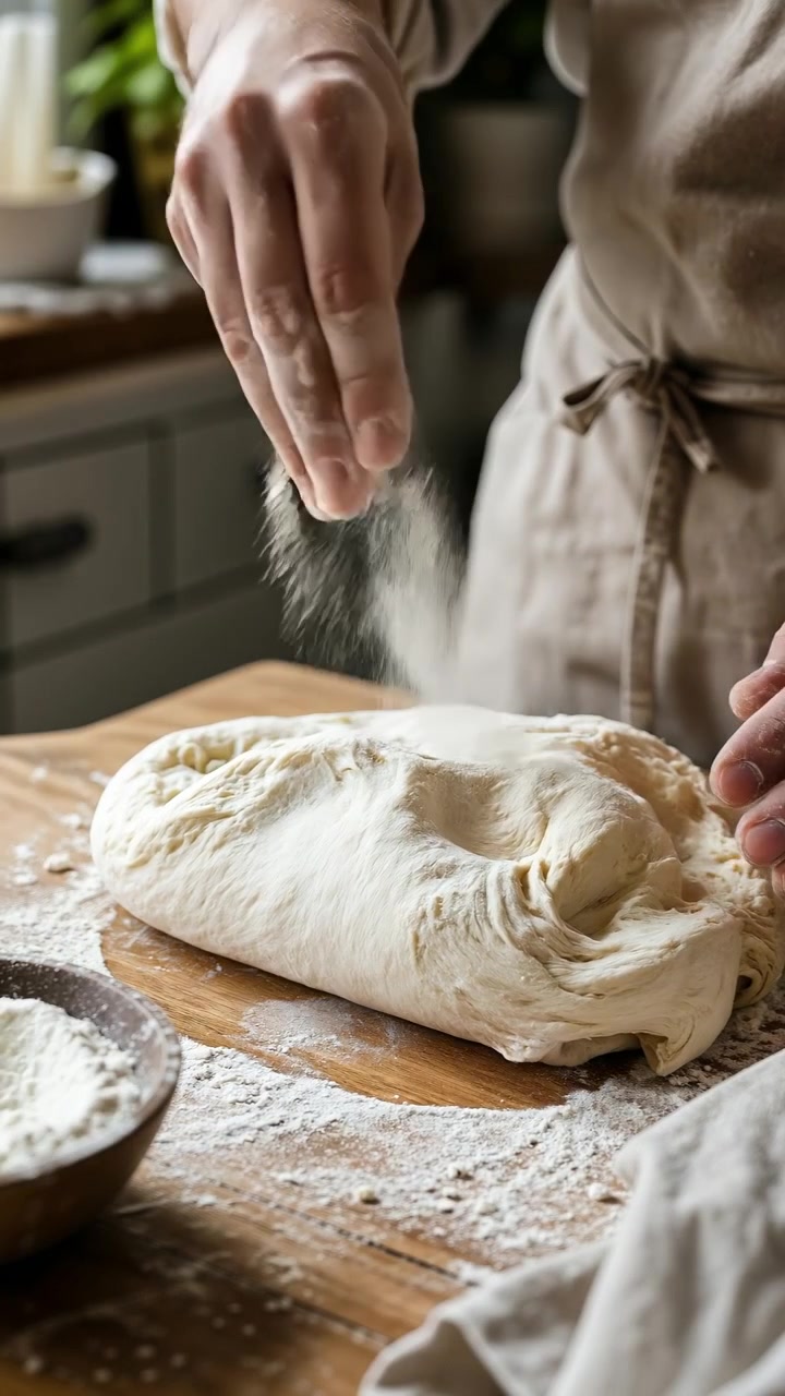 Close up of hands kneading fresh bread dough on a flour-dusted wooden table in a bakery