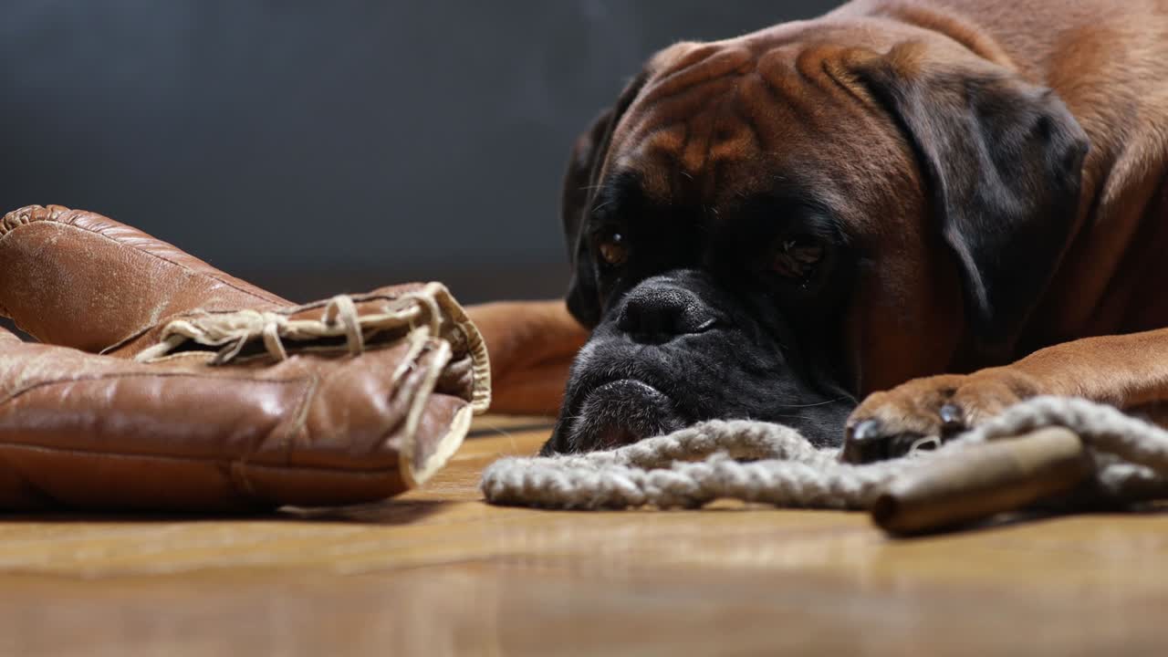 боксерская собака лежит на полу и играет с коричневыми старинными боксерскими перчатками.