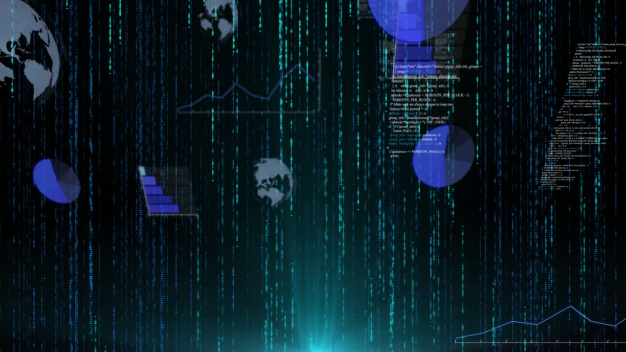 Floating charts and code snippets glowing over neon code, showing globe icons and line graphs