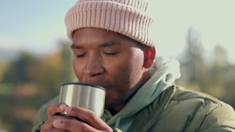 Coffee,-camping-and-relax-with-black-man-in-nature