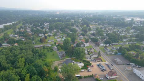 aerial fly-over a suburban downtown outskirt are in america