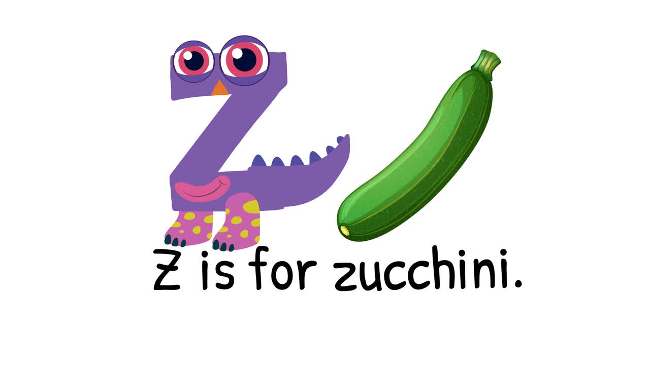 Playful animation of letter Z transforming into a character with a zucchini. Bright colors and simple design on white background