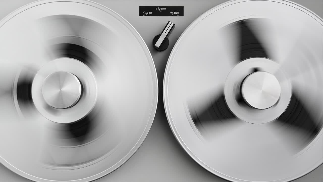 to reel tape recorder jugando. rotando el reproductor de música vintage de cerca. cinta retro. girando los carretes de color metálico. vista desde arriba. tendencias populares de la discoteca de los años 60s, 70s, 80s, 90s.