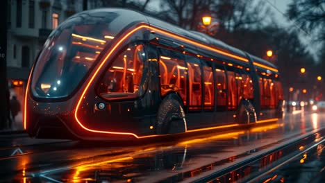 futuristic tram with neon lights on a city street at night