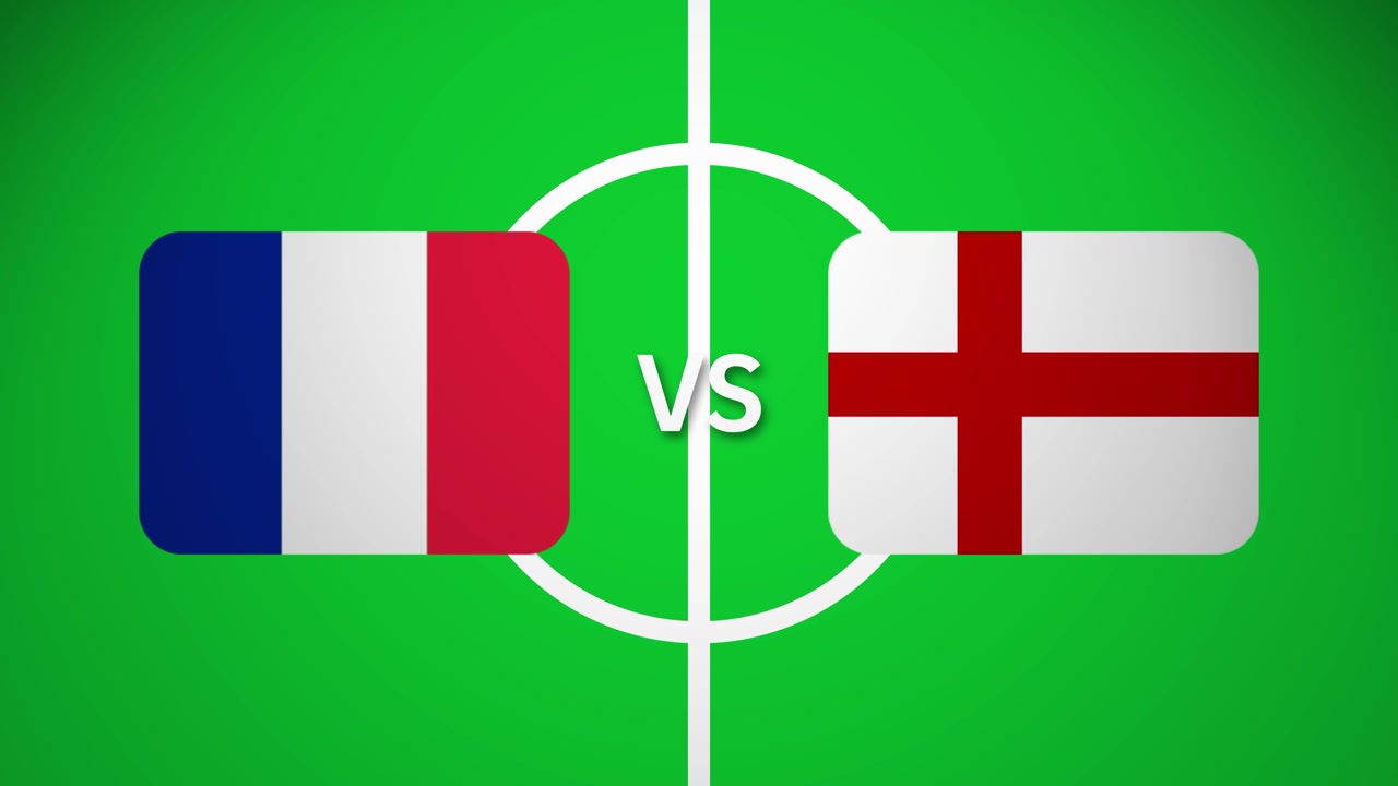 Animated football soccer graphic: France and England flags on green field with center circle. "VS" indicates upcoming match. Dynamic sports visualization for international football tournament.