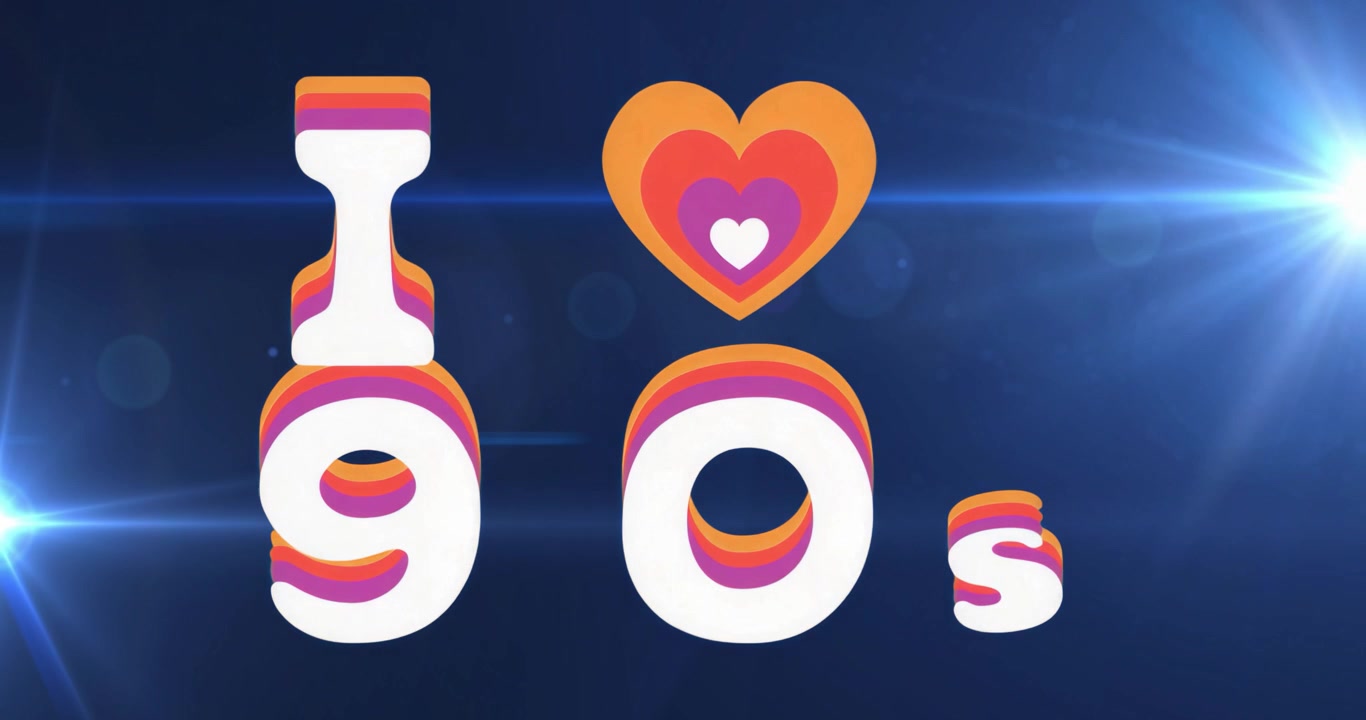 All'inizio della riproduzione, un raggio di lens flare si muove dietro una grafica 3D "I ? 90s" per evocare nostalgia