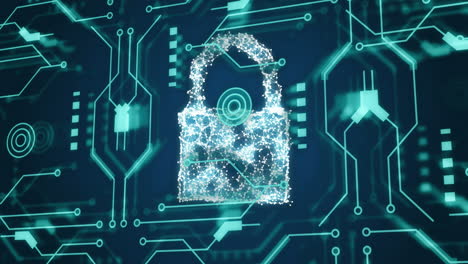 Animation of padlock, connections and data processing over circuit board