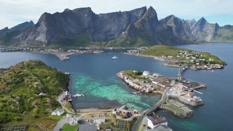 lofoten islands archipelago in norway, scandinavia - aerial view of fjords, reine and sakrisoy fishing village