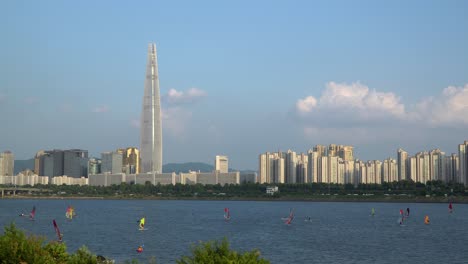 windsurfing on the han river in seoul, south korea