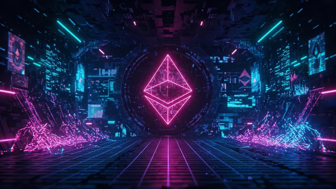 Rappresentazione visiva di un mondo digitale futuristico con un simbolo Ethereum vivace, circondato da grafiche al neon dinamiche ed elementi tecnologici avanzati