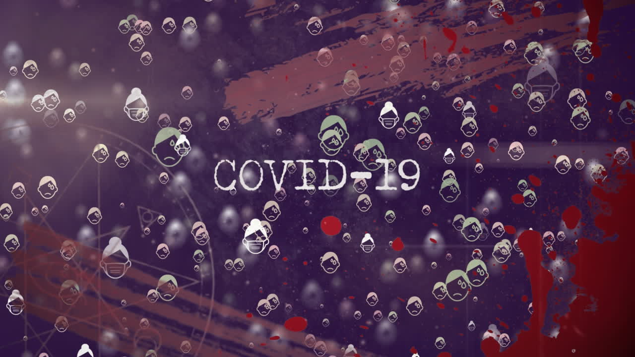 covid-19 텍스트의 애니메이션, 어두운 배경에 반복되는 병자 아이콘