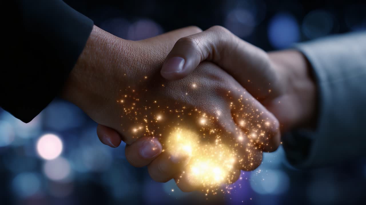 Symbolic handshake conveying partnership and collaboration with sparkling effects representing unity, trust, and the merging of ideas or entities through agreement