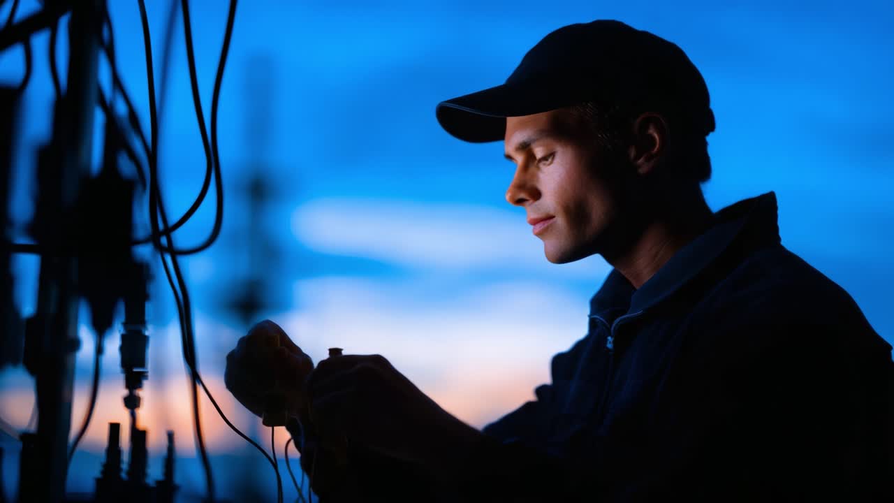 A Focused Technician Engaged in Wiring Operations Against a Stunning Blue Sunset Sky, Demonstrating Skill and Precision in Electrical Work