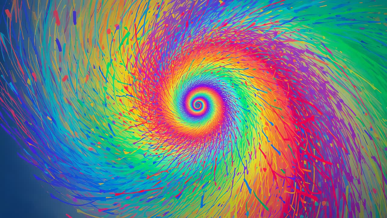 Opening frame starting rainbow vortex rotating in digital space, with strokes forming hypnotic loop