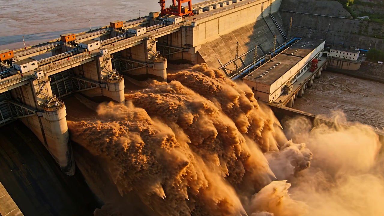 Opening spillway gates, dam crest releasing silty water down face, passing excess flow downstream