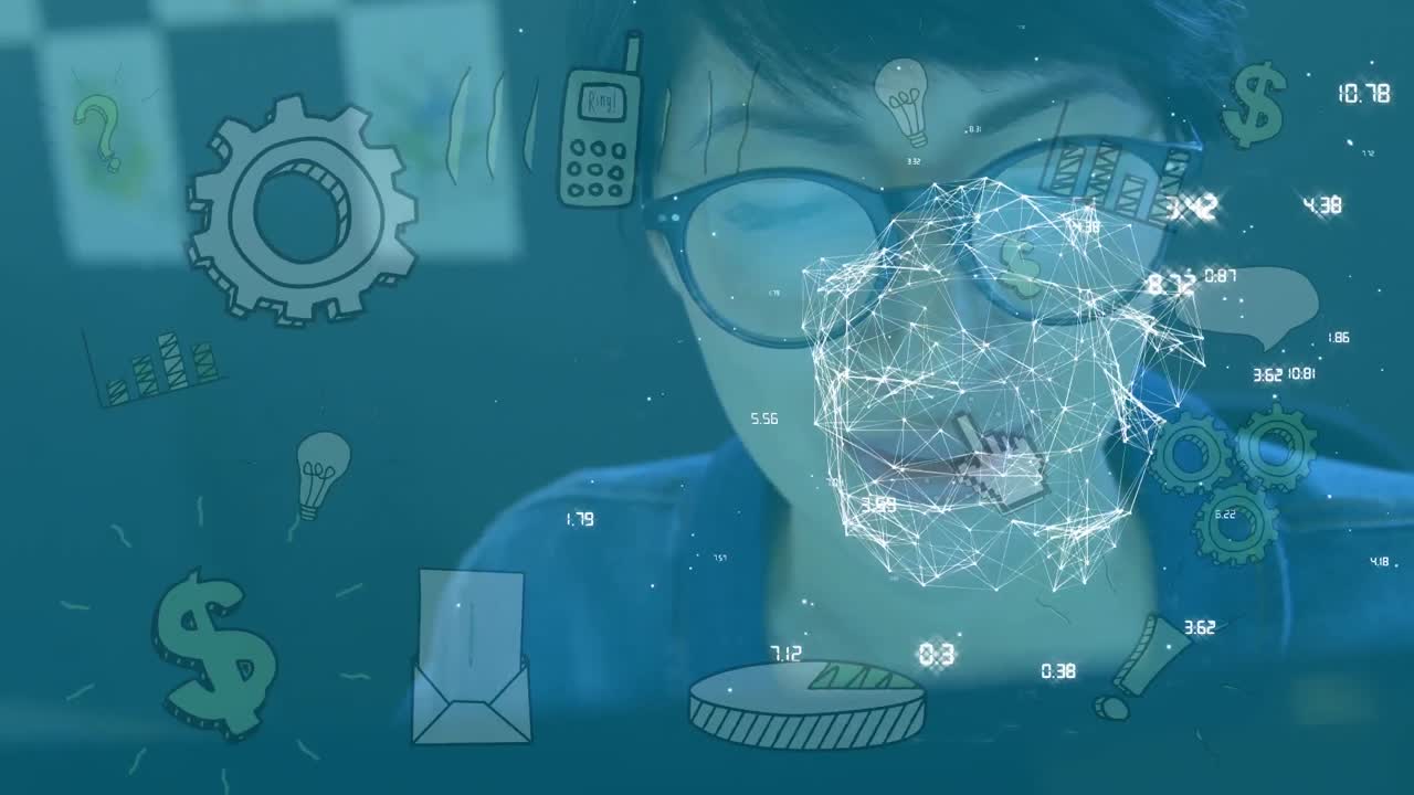 Globe of network of connections and business concept icons against asian woman working at office