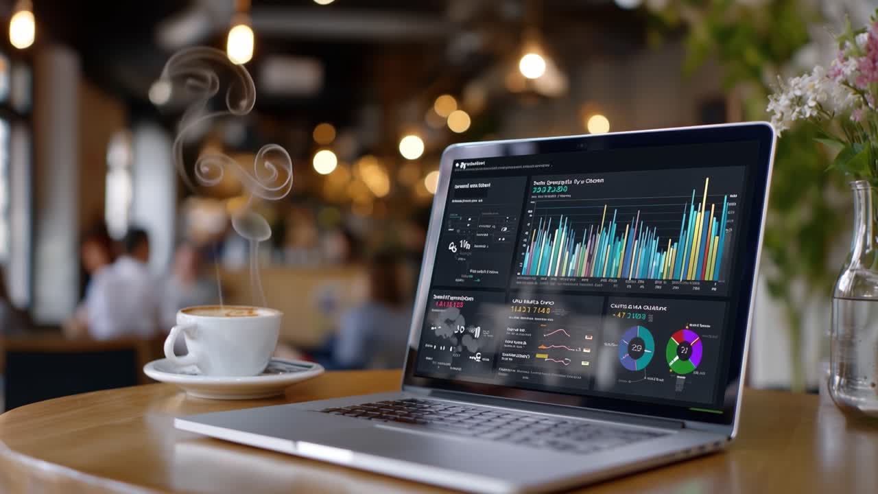 En moderne arbeidsplass med en bærbar datamaskin som viser analysedata og en kopp kaffe, plassert i et koselig kafémiljø med en sosial atmosfære