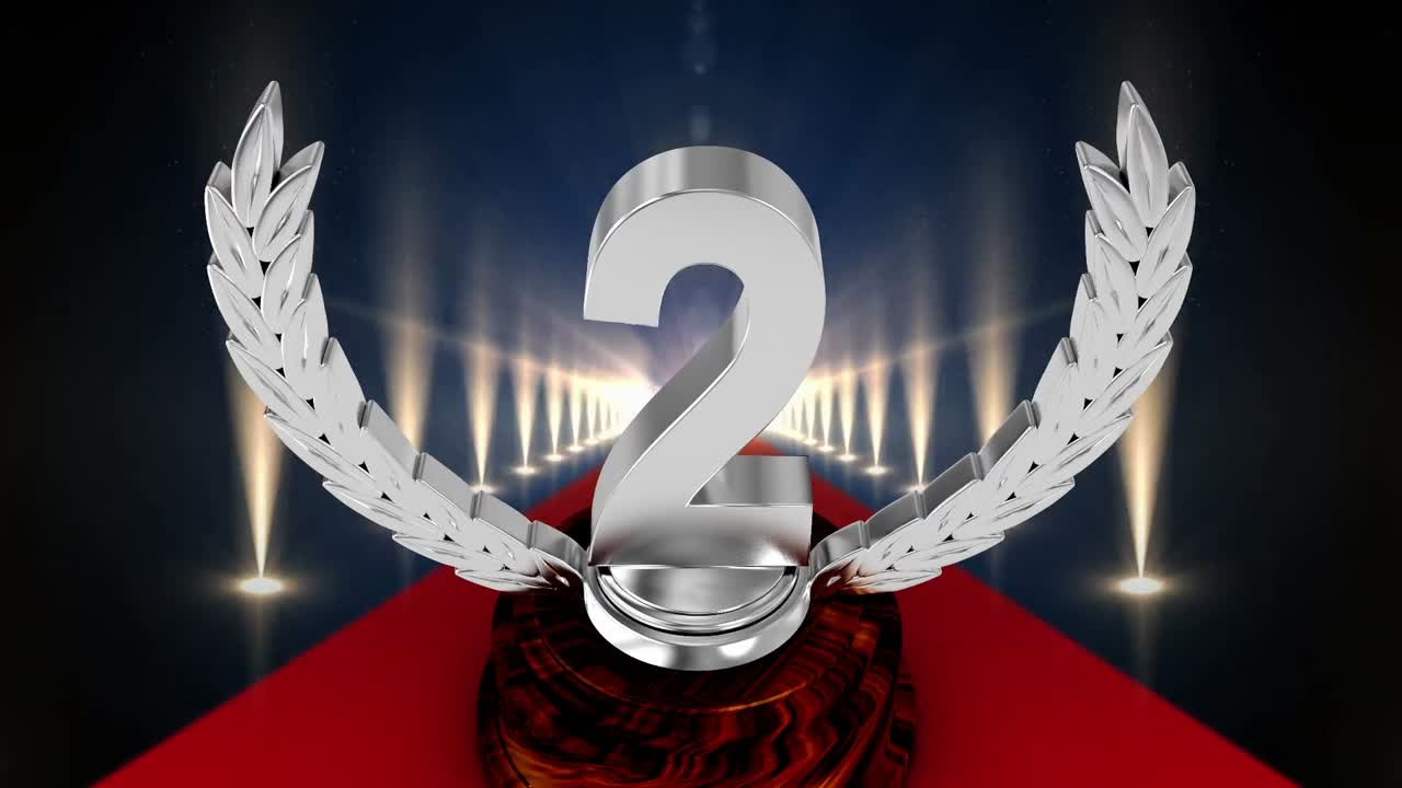 Animation of second place award trophy at floodlit, red carpet winners' prize giving ceremony