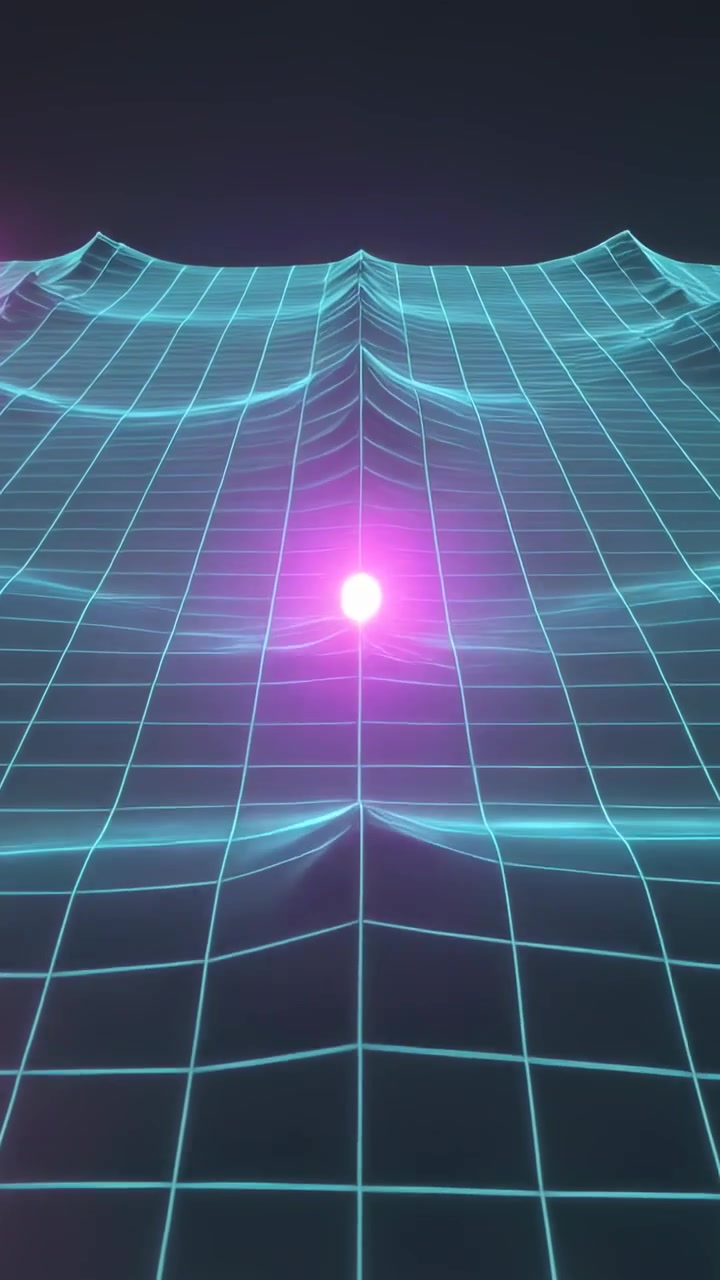 Vertical video: Pulsing magenta orb traveling along ridge in neon valley, lighting cyan wireframe