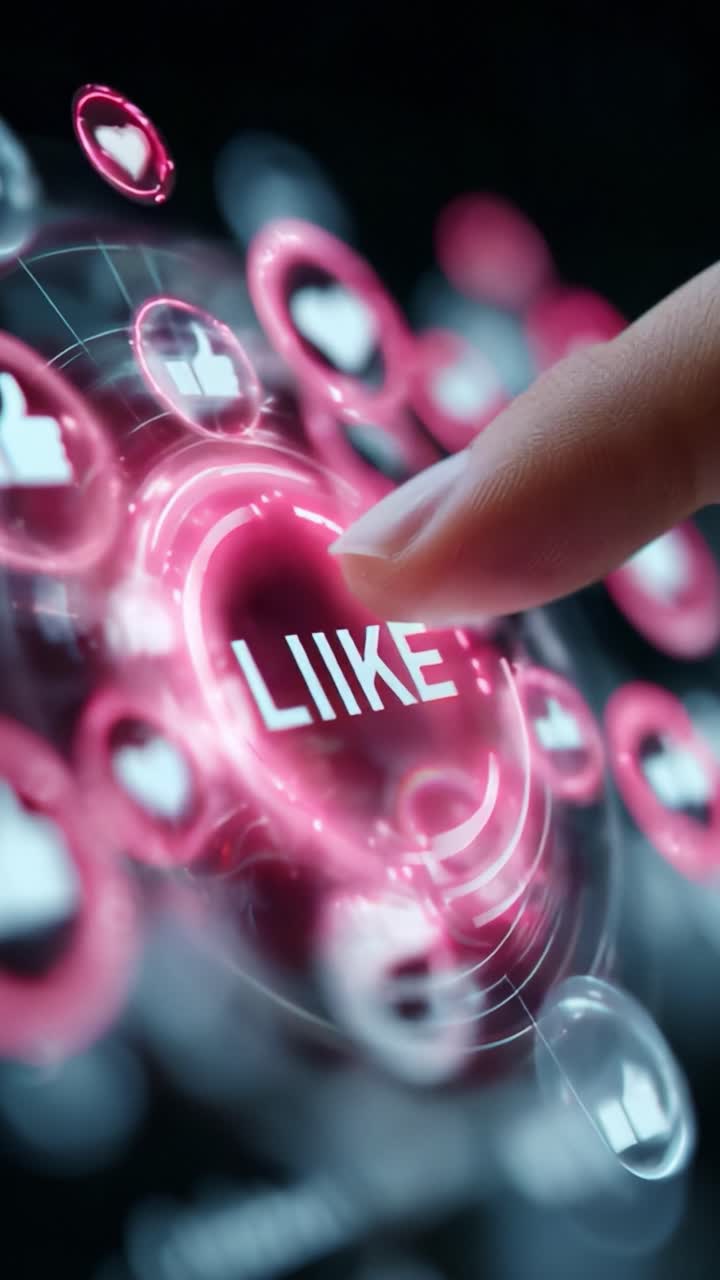 Exploring the Digital Engagement Landscape: A Close-Up View of a User's Interaction with a Touchscreen Featuring a Vibrant 'Like' Button Surrounded by Social Media Icons, Symbolizing Online Connectivity and Community