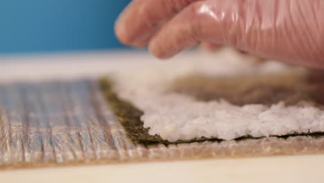 hands with disposable plastic gloves flattening sushi rice on seaweed wrap - close up