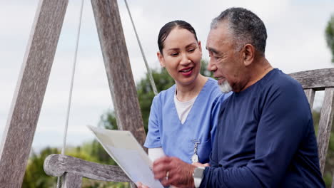 happy woman, nurse and documents consulting senior