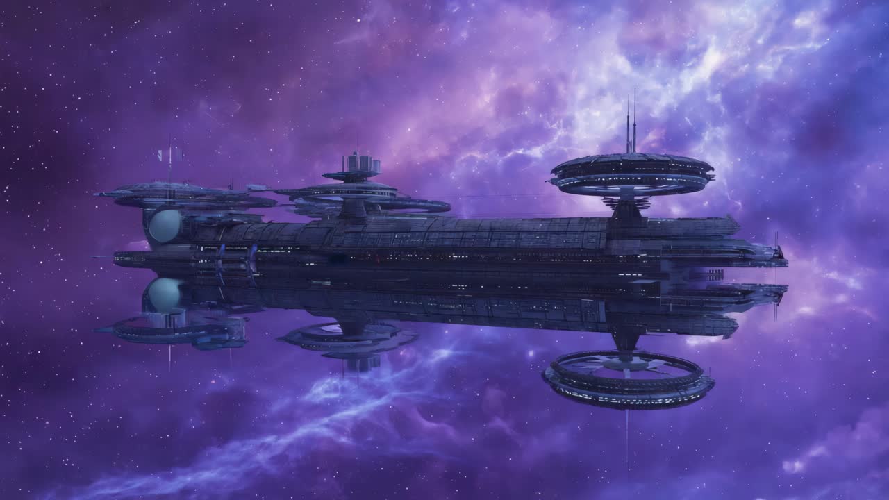 Grande astronave futuristica o stazione spaziale in una nebulosa viola