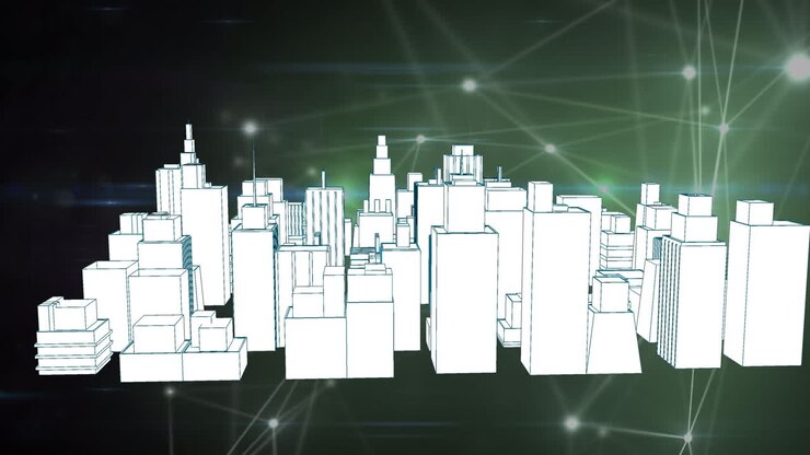 Animazione di città finanziaria urbana 3D su sfondo di rete che collega punti su interfaccia digitale.