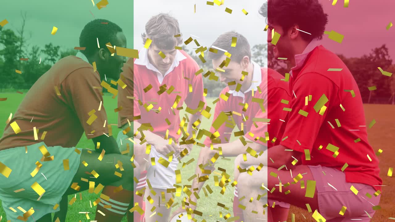 confeti dorado e italia ondeando la bandera contra un grupo de jugadores de rugby masculinos en un campo deportivo