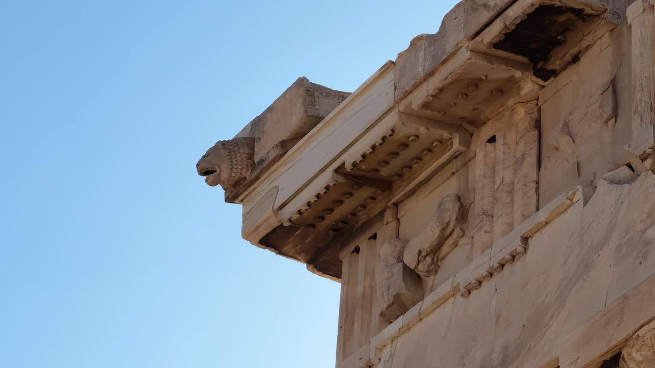 A close-up view of the Parthenon's intricate architecture and details under the summer sun.