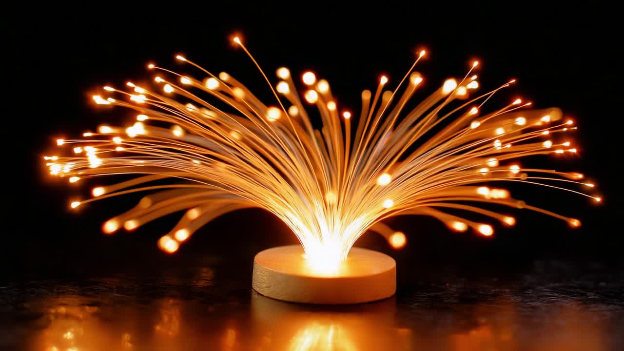 Radiant Optical Fiber Display: A Stunning Visual of Illuminated Threads Emitting Light, Creating a Captivating Aesthetic Experience with Engaging Patterns Against a Dark Background