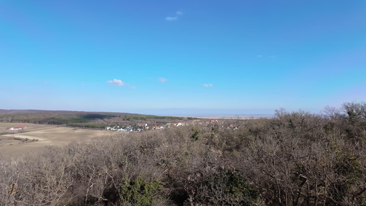 Panoramic view of Lake Neusiedl and surrounding fields from the Kecskehegyi Lookout tower on a clear day.