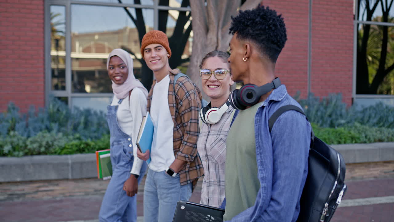 Diverse group of students walking on campus