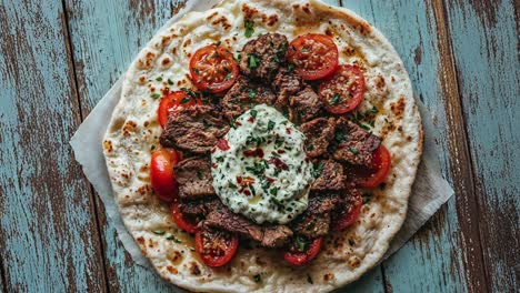 delicious greek gyro with tzatziki sauce and tomatoes