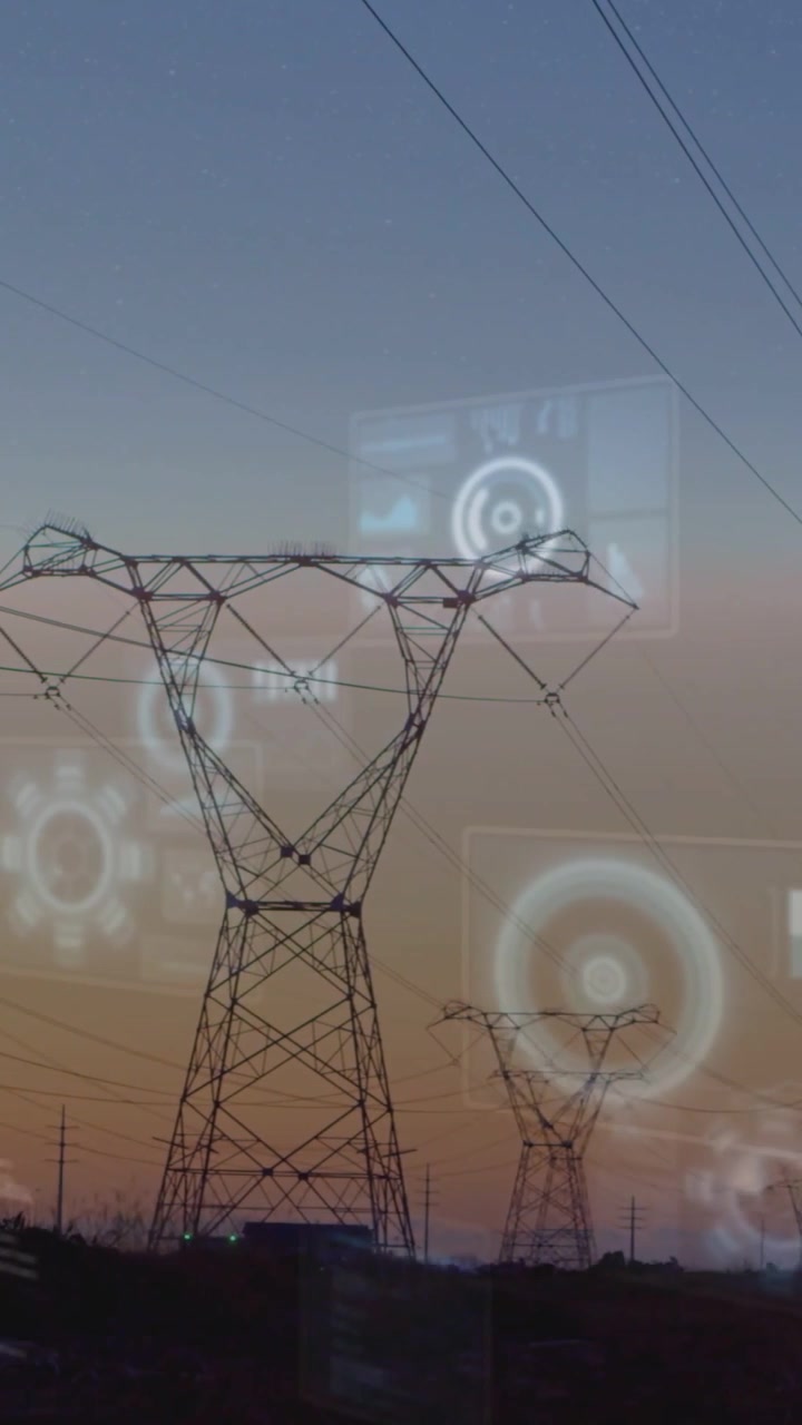 Vertical video: Animating HUD overlays over dusk horizon, camera panning to Y-shaped lattice towers