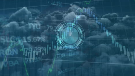 animación del procesamiento de datos sobre nubes y fondo azul