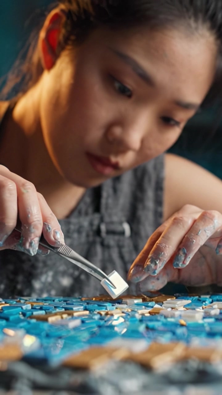 Arte in Movimento: Un Artista Concentrato Assembla Delicatamente un Mosaico con Precisione, Mostrando un Processo Creativo Ricco di Colore e Dettagli