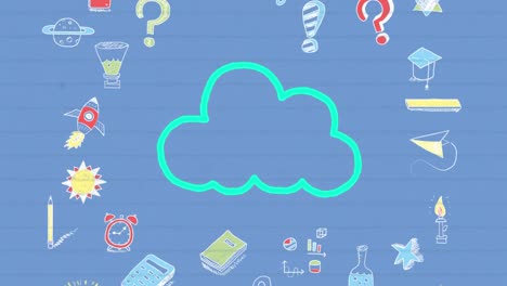 animación del icono de la nube con contorno azul dibujado a mano con un marcador con fondo azul
