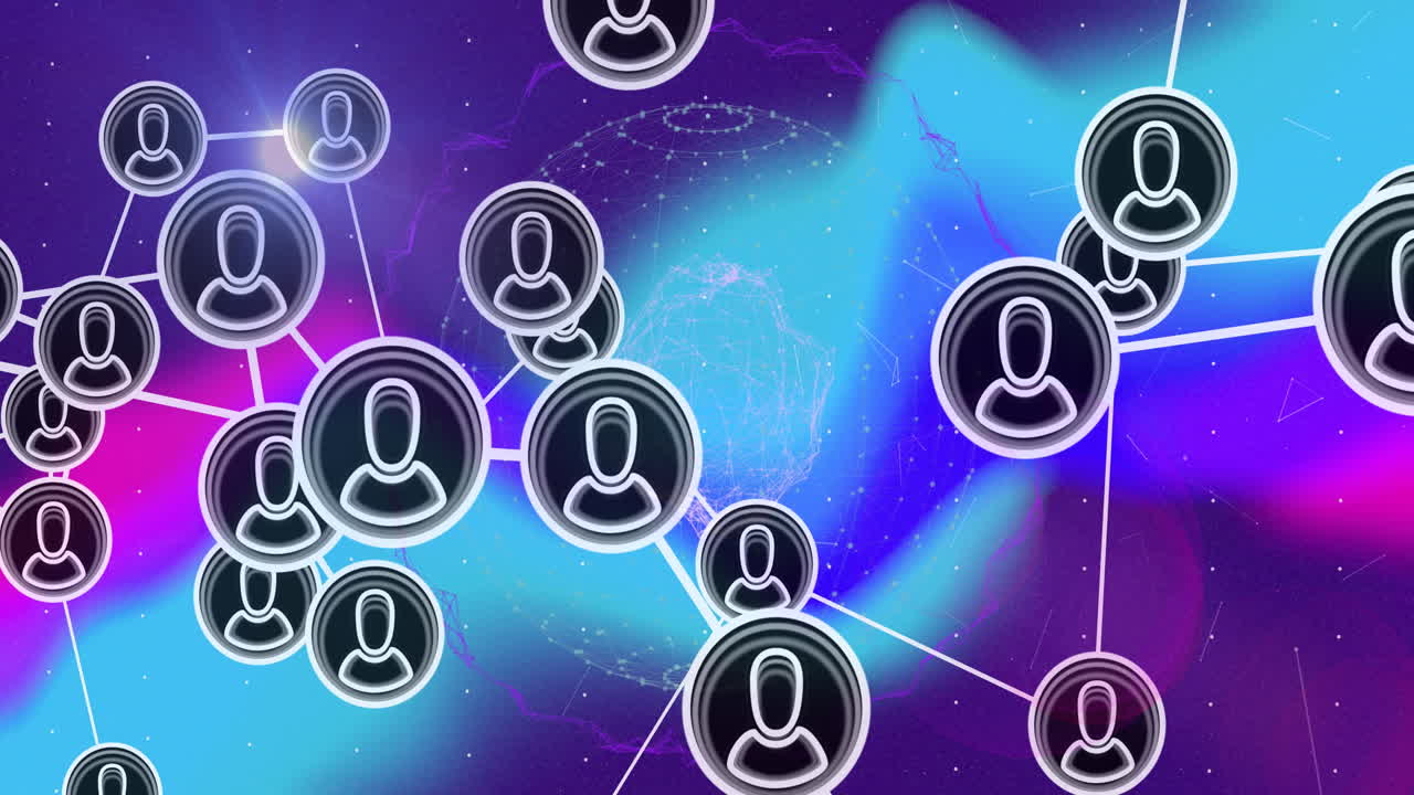 animación de iconos de perfil conectados con líneas sobre puntos que forman un globo contra un fondo de gradiente