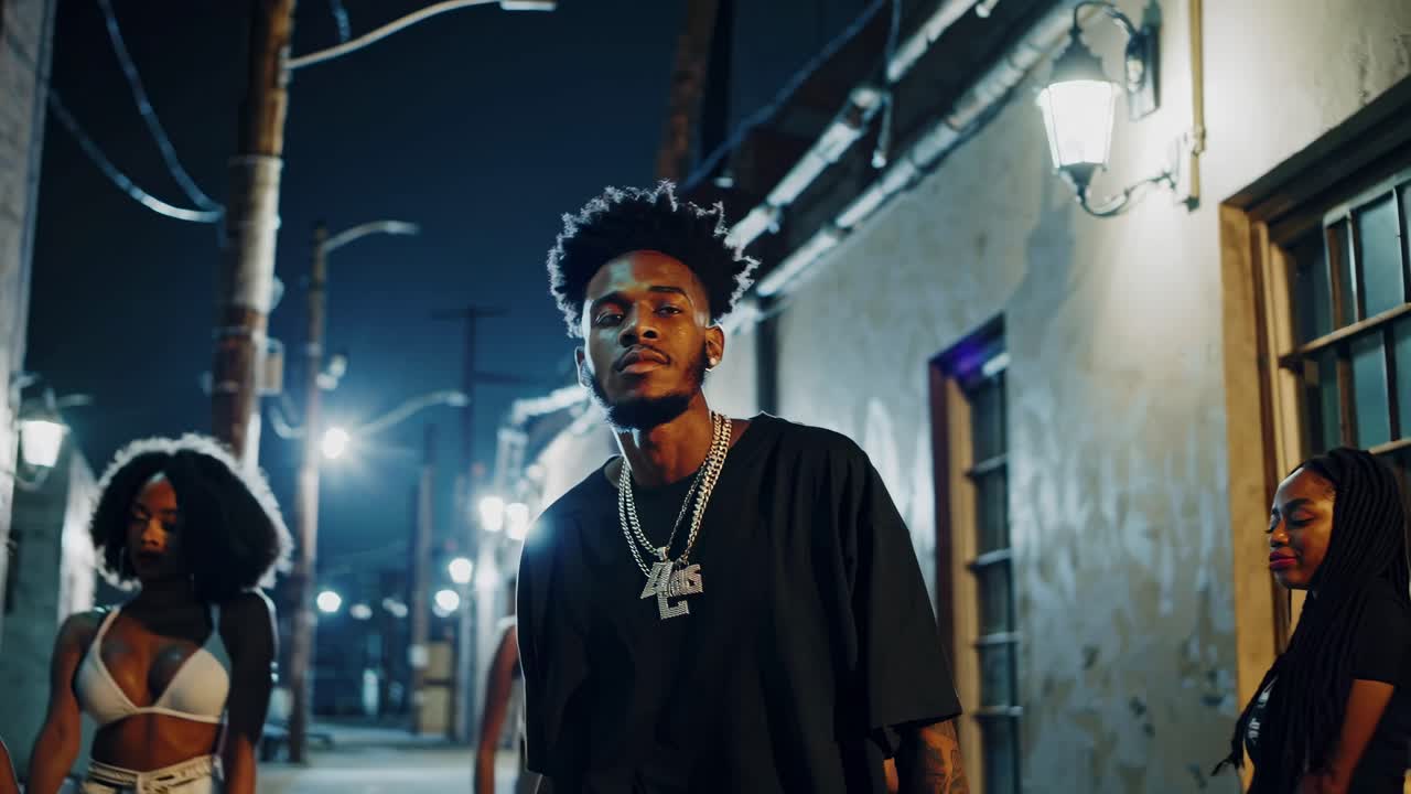 A dynamic street video scene at night, featuring a performer with a microphone