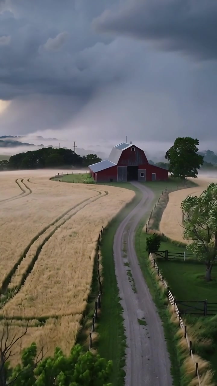 Video vertical: Dron despegando deslizándose por un camino de grava, revelando un granero rojo y una tormenta que se aproxima.
